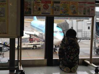 秋田空港でKAL機を正座で待つ息子